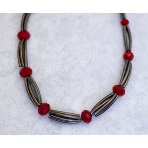 18 inch, Vintage Red Beads Silver Tone Sticks Necklace - CQ1